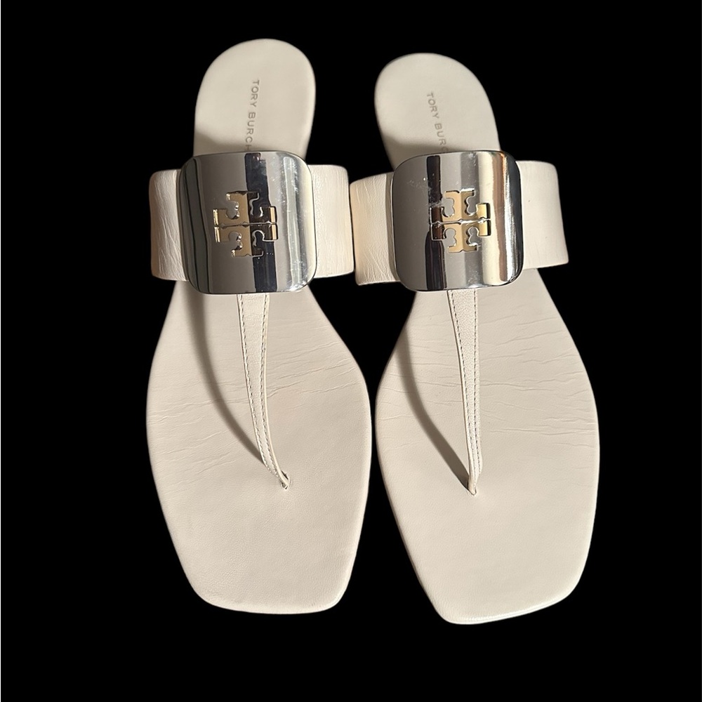 Tory Burch Georgia Ivory Leather Logo Thong Sandals sz 11